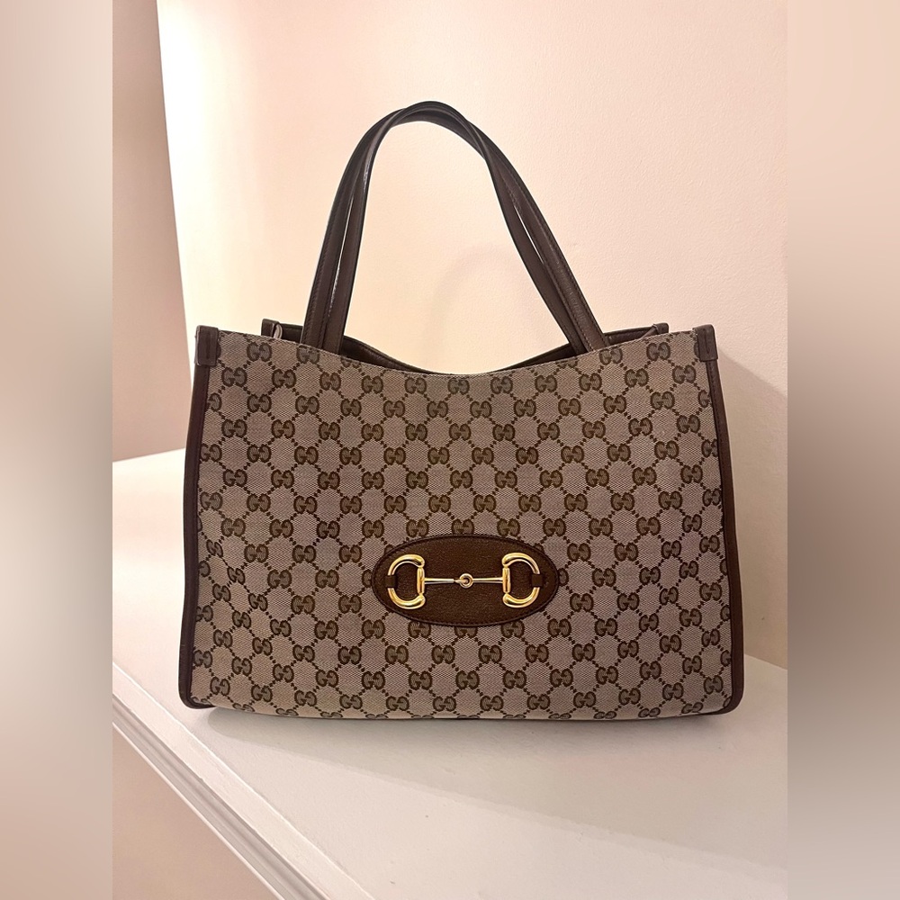GUCCI Horsebit 1955 Large Gg Canvas Khaki Tote Bag